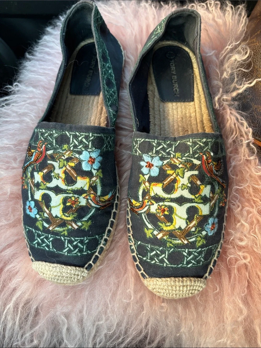 Tory Burch Black Embroidered Floral & Bird Espadrilles